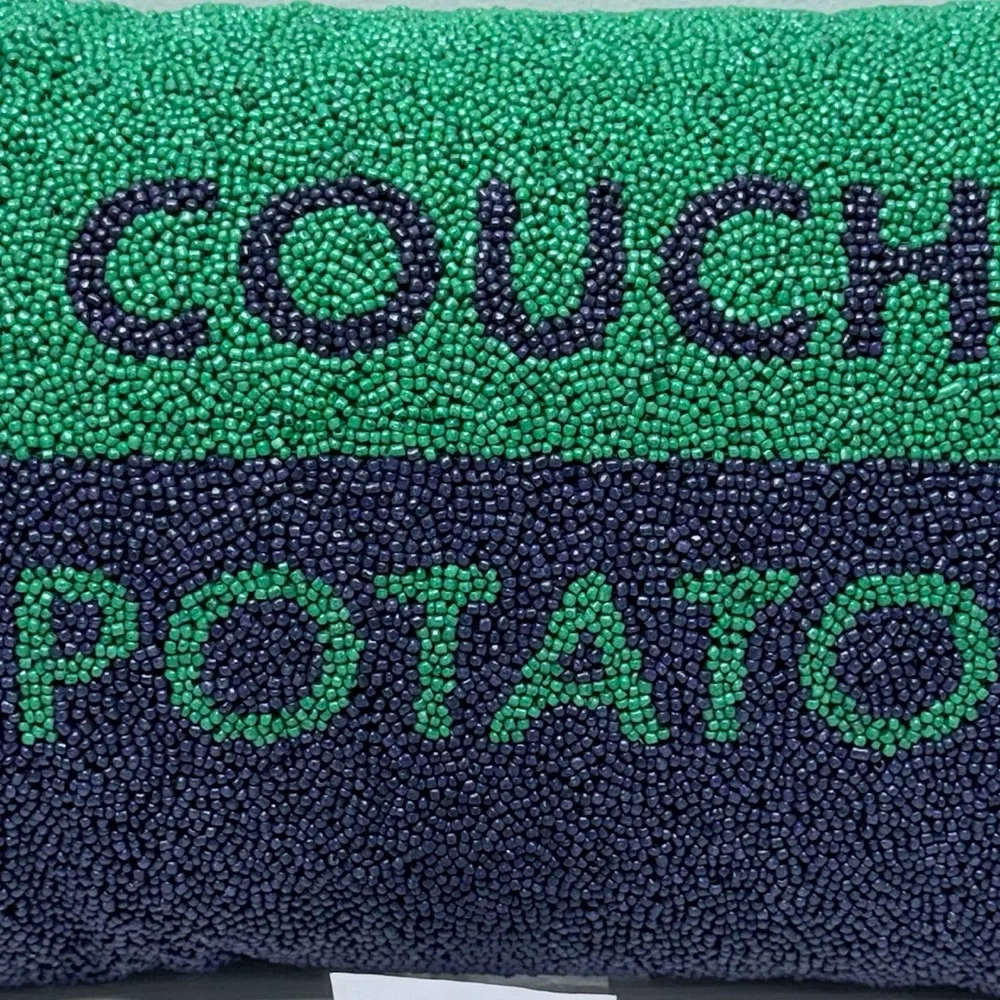 Kate Spade COUCH POTATO Navy Blue & Green Beaded Accent Lumbar Throw Pillow